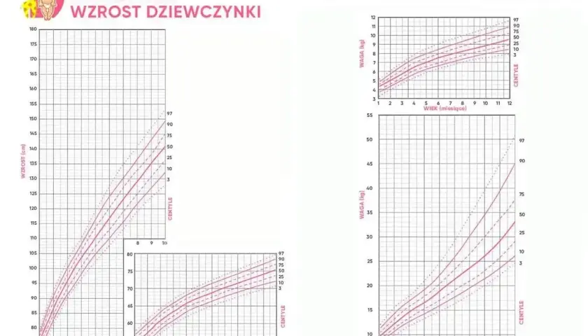 Dwie siatki centylowe dla dziewczynek: wzrost i waga w zależności od wieku.