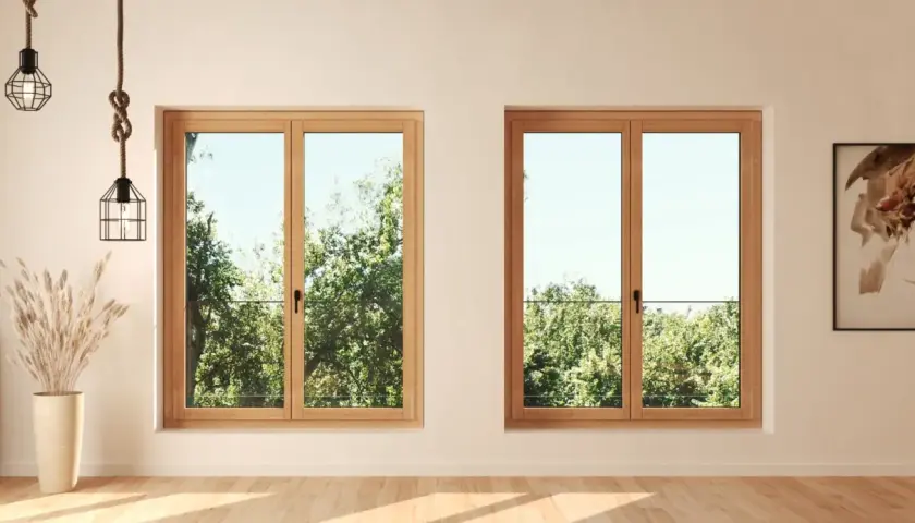 Finestre con profili in alluminio legno, che incorniciano un rigoglioso giardino verde.
