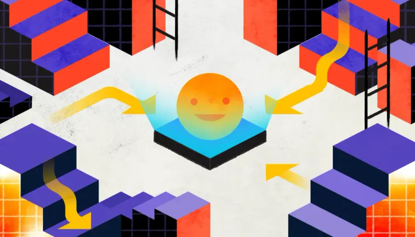 Abstract isometric blocks form a maze. Yellow arrows show a path, some leading down, suggesting a voluntary demotion for a smiling figure.