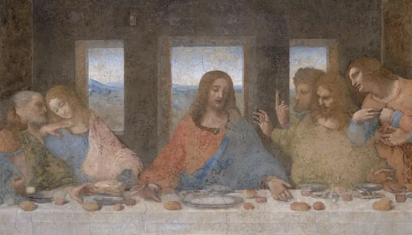 Leonardo da Vinci malte das letzte Abendmahl. Jesus und seine Jünger sitzen an einer Tafel.