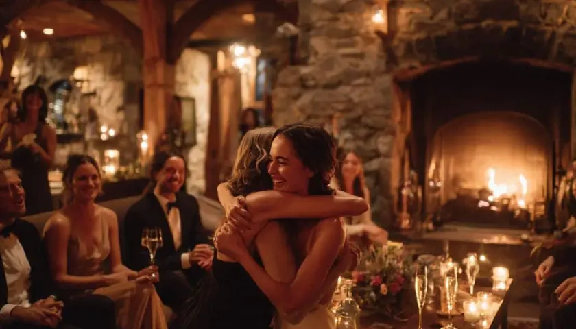 Deux femmes s'enlacent joyeusement, entourées d'invités lors d'une réception chaleureuse. L'ambiance intime et les bougies suggèrent qu'elles sont en train d'organiser un petit mariage.