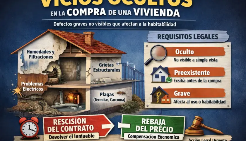 Ilustración sobre vicios ocultos en compraventa de vivienda: humedad, grietas, plagas, problemas eléctricos. Opciones: rescisión o rebaja del precio.