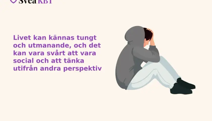 En person sitter hopkrupen, med huvudet i händerna, en bild av inre oro. Texten lyder: "Livet kan kännas tungt och utmanande...