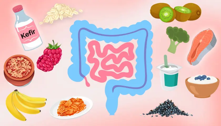 Abführende Lebensmittel wie Kefir, Beeren, Bananen, Kiwi, Lachs, Joghurt und fermentierte Lebensmittel fördern eine gesunde Verdauung.