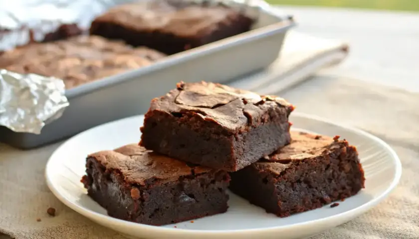 Deliciosos trozos de brownie sin gluten apilados en un plato blanco, con más en un molde al fondo.