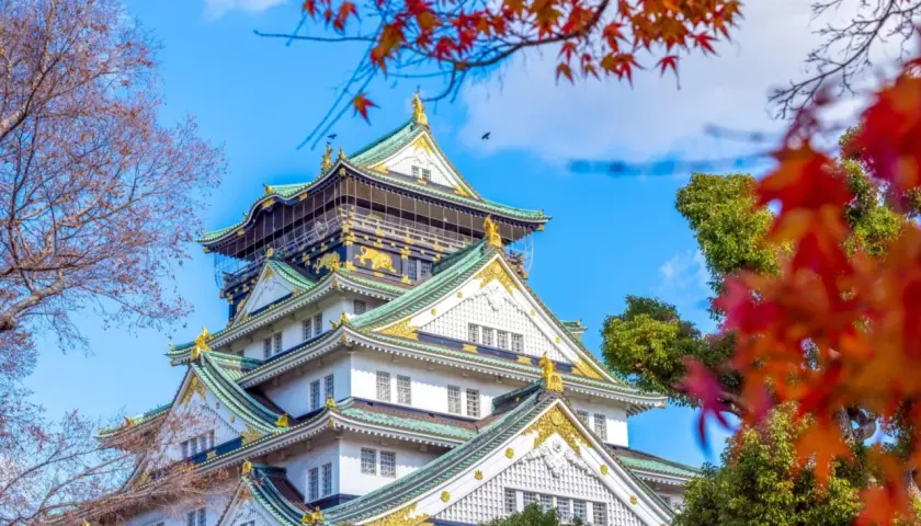 Zamek w Osace, kwitnący jesienią. Idealne miejsce na podróż i odkrywanie uroków Japonii.