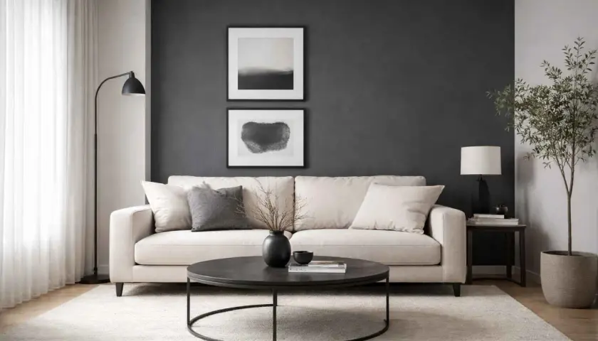 Salon gris avec canapé clair. Les rideaux blancs apportent de la douceur. Quel couleur de rideau pour un salon gris ? Le blanc est une option lumineuse.