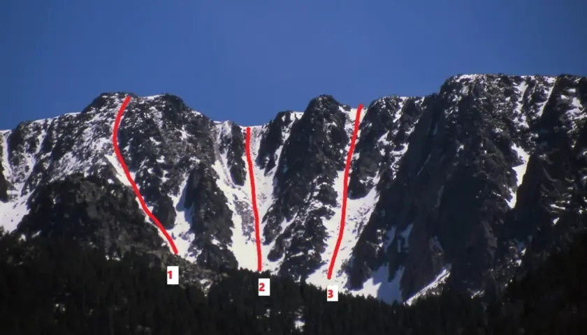 La Muntanya d'Alinyà, con sus laderas nevadas y rocosas, muestra tres rutas marcadas en rojo, numeradas del 1 al 3.