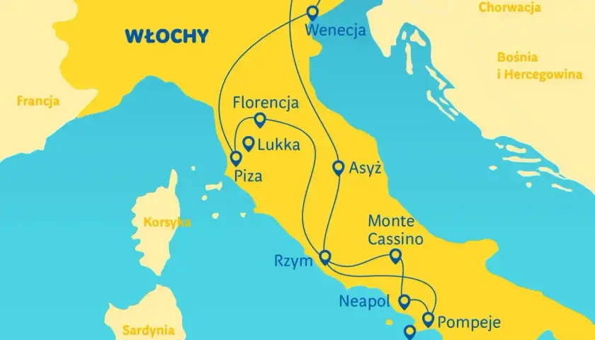 Mapa Włoch z zaznaczonymi miastami: Wenecja, Florencja, Piza, Rzym, Neapol. Trasa autokarem do Włoch obejmuje te malownicze miejsca.