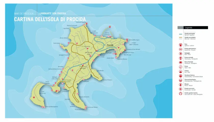 A detailed map of Procida, Italy, showing roads, beaches, lighthouses, and points of interest.