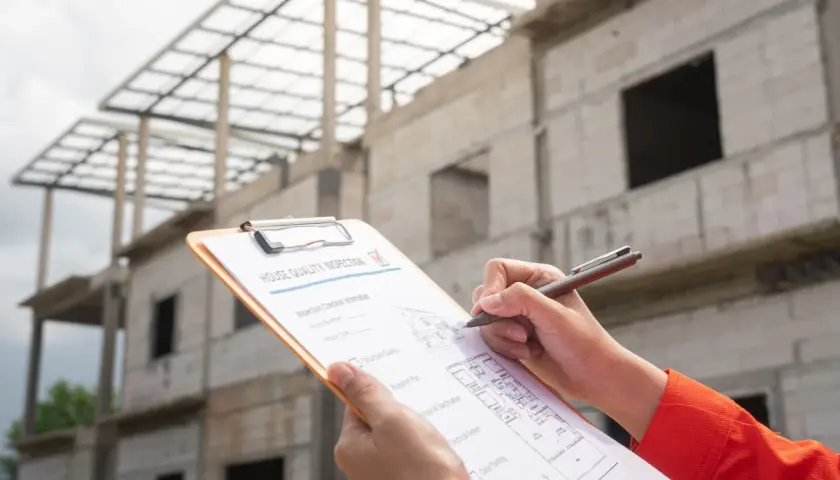 Ręce trzymają dokument "House Quality Inspection" na tle budowy. Trwa roczny przegląd budynku, a inspektor notuje uwagi.
