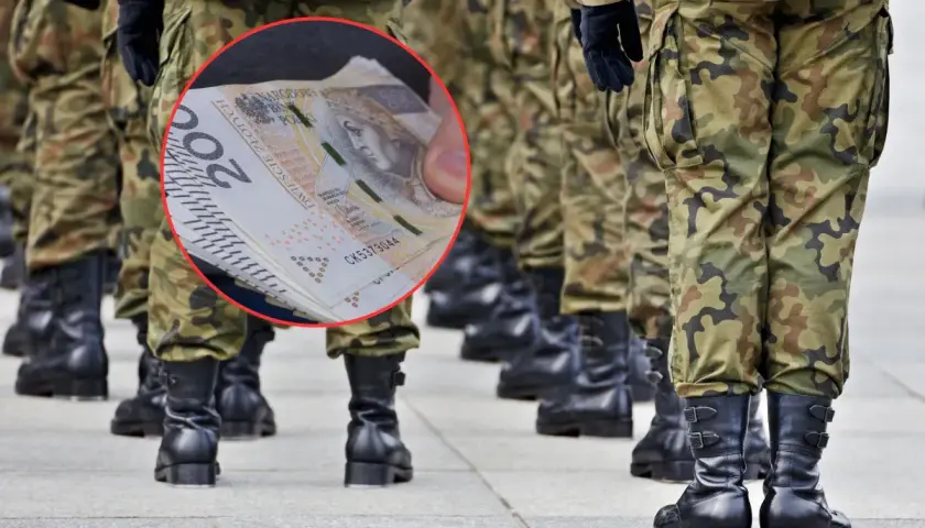 Żołnierze w mundurach stoją w szeregu, a w kółku widać stos banknotów 200 zł. Czy to zapowiedź nowych stopnie wojskowe i podwyżek?