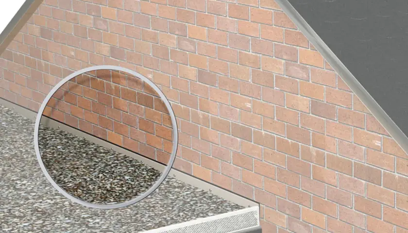 Detailansicht eines fachgerechten dachpappe wandanschlusses an einer Ziegelwand, der vor Feuchtigkeit schützt.
