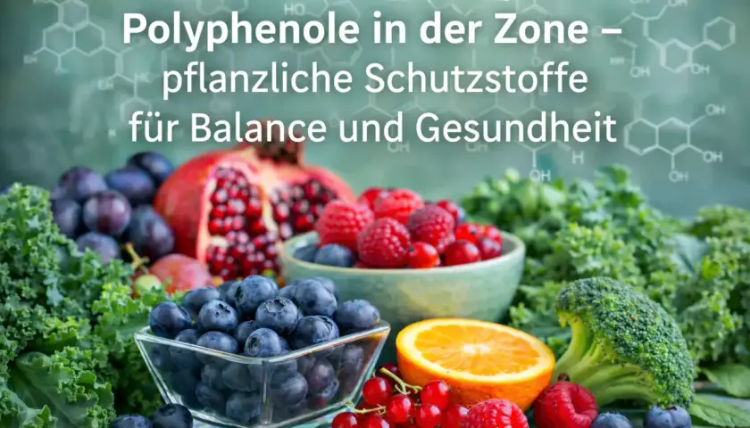 Bunte Früchte und Gemüse, die reich an Polyphenolen sind, pflanzliche Schutzstoffe für Balance und Gesundheit.