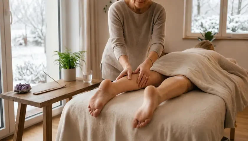 Massage drainant des jambes, stimulant les glandes lymphatiques. Ambiance zen avec une plante et une améthyste.