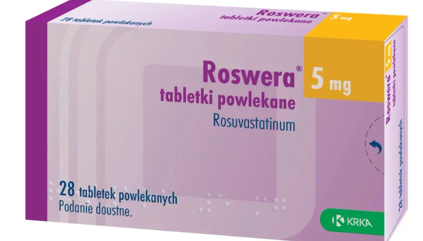 Opakowanie leku Roswera 5 mg, zawierające 28 tabletek powlekanych z rosuwastatyną.