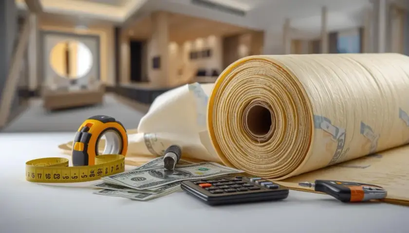 Rolka materiału izolacyjnego, miarka, kalkulator i banknoty. Obliczenia ile kosztuje termoizolacja budynku.