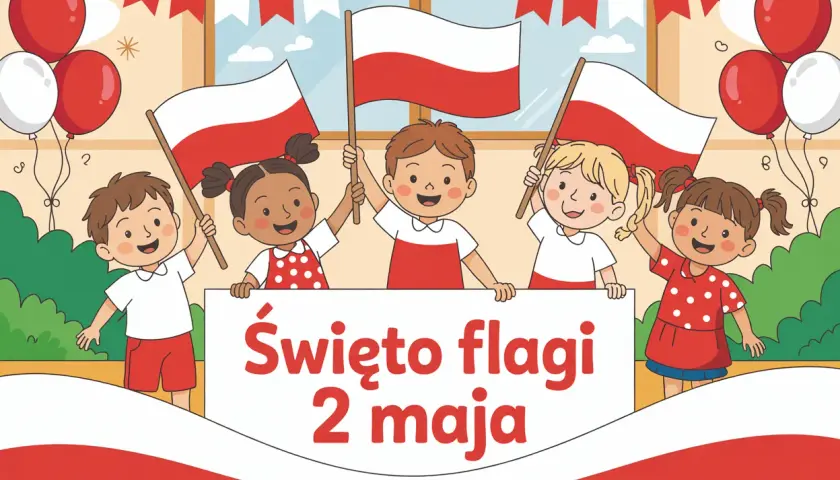 Dzieci świętują Dzień Flagi, trzymając polskie flagi i balony. Radosna atmosfera towarzyszy temu ważnemu dniu.
