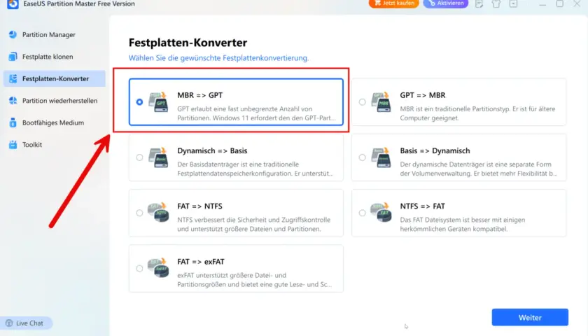 Festplatten-Konverter: MBR zu GPT. EaseUS Partition Master hilft, um diskpart gpt erstellen zu können.
