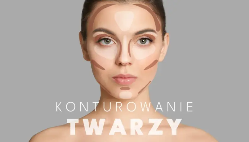 Modelka prezentuje konturowanie brody i twarzy. Ciemne i jasne plamy podkreślają rysy.