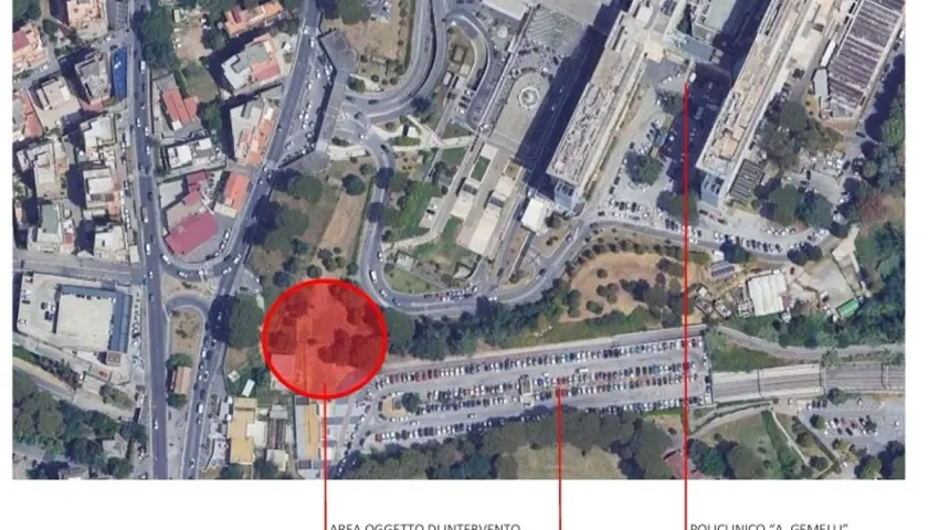 Vista aerea di Roma: area oggetto di intervento vicino alla fermata Policlinico, con parcheggio stazione ferroviaria e Policlinico Gemelli.