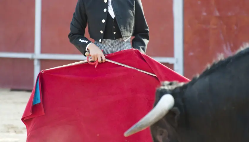 Torero con su traje de luces, listo para la faena. El outfit toros hombre, con chaquetilla negra y montera, se prepara para el encuentro.