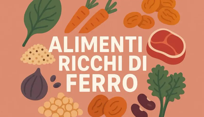 Alimenti ricchi di ferro: spinaci, carote, carne, fichi, lenticchie, albicocche secche e fagioli.