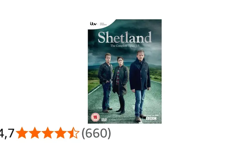 Omslaget till Shetland serie, komplett med tre poliser på en väg.