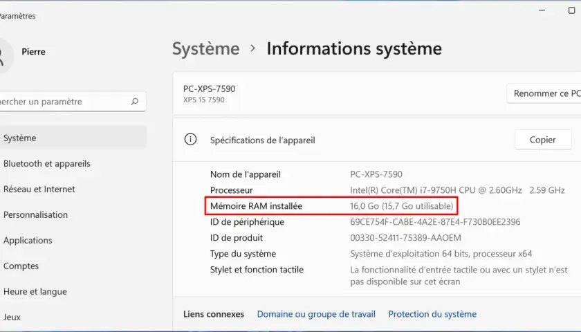 Informations système affichant la mémoire RAM installée : 16 Go. Vérification après avoir tenté d'installer RAM.