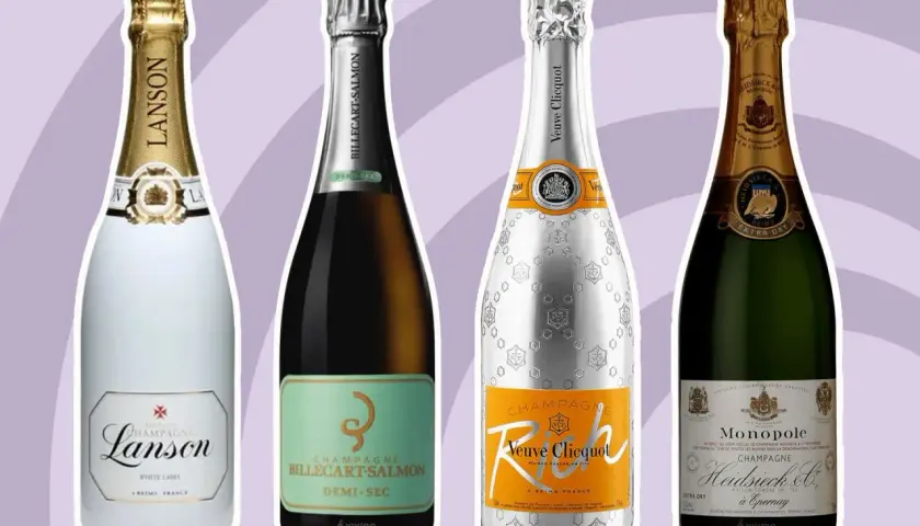 Cztery butelki szampana: Lanson, Billecart-Salmon Demi-Sec, Veuve Clicquot Rich i Heidsieck & Co Monopole. Idealne na okazję, gdy szukasz dobre wino musujące słodkie.