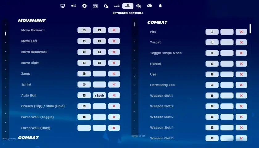 Paramètres clavier pour Fortnite : mouvement (WASD, Espace, Shift) et combat (clic gauche, clic droit, R, E, Tab, 1-5).