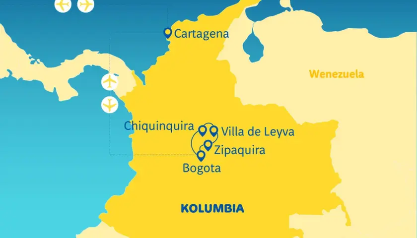 Mapa Kolumbii z zaznaczonymi miastami: Cartagena, Chiquinquira, Villa de Leyva, Zipaquira, Bogota. Widać też sąsiednie kraje: Ekwador, Wenezuela, Brazylia.