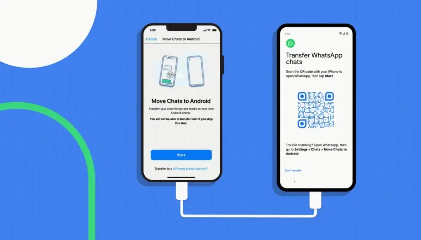 Instrukcja jak przenieść WhatsApp na nowy telefon. Dwa telefony połączone kablem, jeden z opcją "Move Chats to Android", drugi z kodem QR.