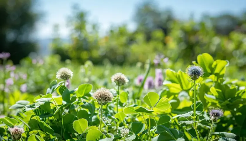 Champ de trèfles et de fleurs sauvages, un remède de grand-mère contre les chardons.