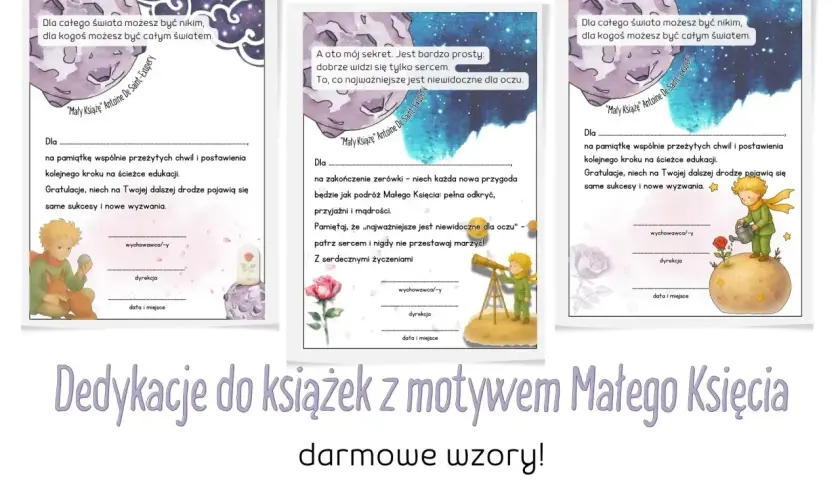 Dedykacja do książki na ślub z Małym Księciem. Wzory z cytatami i miejscem na wpisanie życzeń.