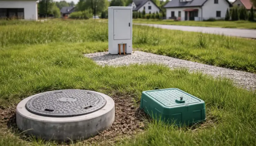 Działka z przyłączami i domami w tle. Nieruchomość gruntowa z infrastrukturą techniczną.