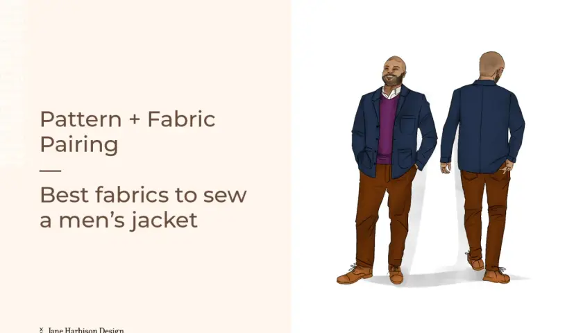 Illustration of men's jacket fabric types, showing front and back views of a man in a navy jacket, purple sweater, and brown pants.
