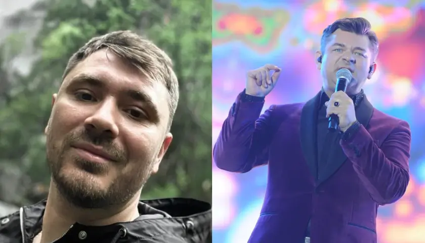Dwa ujęcia: z lewej mężczyzna w kurtce na tle zieleni, z prawej Zenek Martyniuk w fioletowym garniturze śpiewa do mikrofonu.