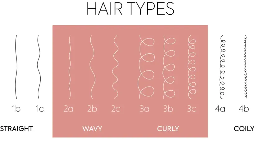Ilustración de tipos de ondas pelo: liso, ondulado, rizado y afro. Cada categoría muestra variaciones de la onda.