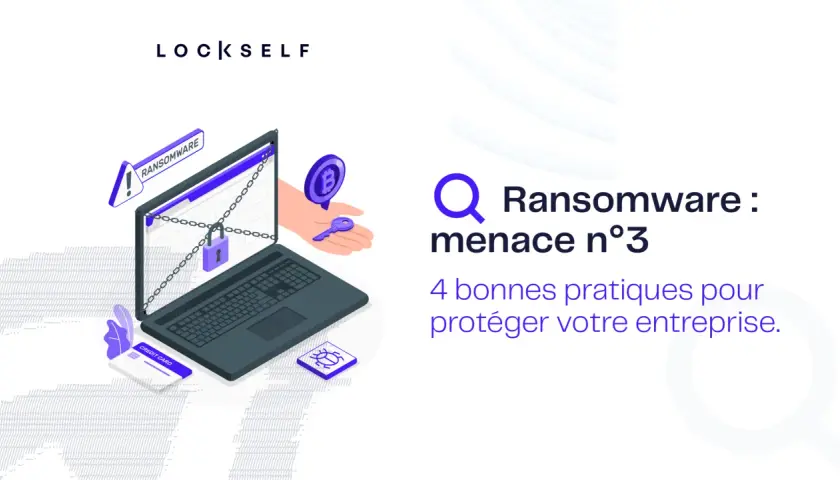 Un ordinateur portable cadenas, une clé et un symbole Bitcoin illustrent la menace du ransomware as a service. 4 bonnes pratiques pour protéger votre entreprise.