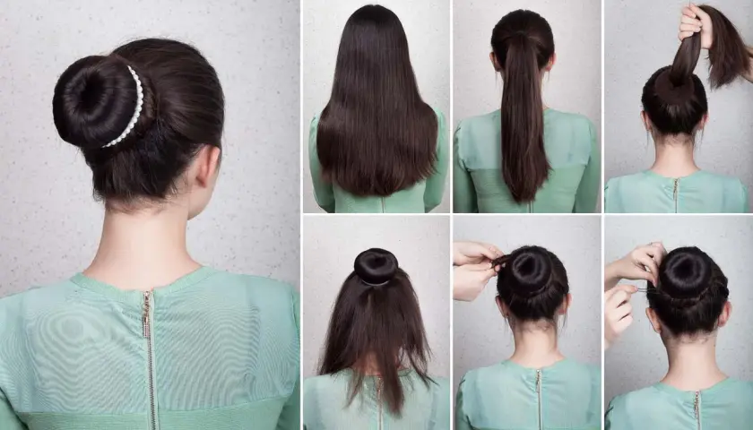 Pasos para crear un moño alto elegante. Cabello recogido en coleta, enrollado y asegurado con horquillas.