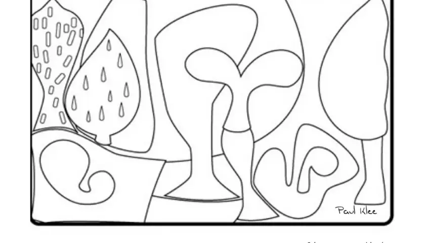 Dibujo para colorear de Paul Klee para niños, con formas abstractas y orgánicas listas para darles vida con colores.