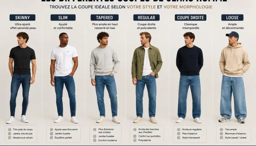 Cinq hommes présentent différentes formes de jean : skinny, slim, tapered, regular, coupe droite et loose.