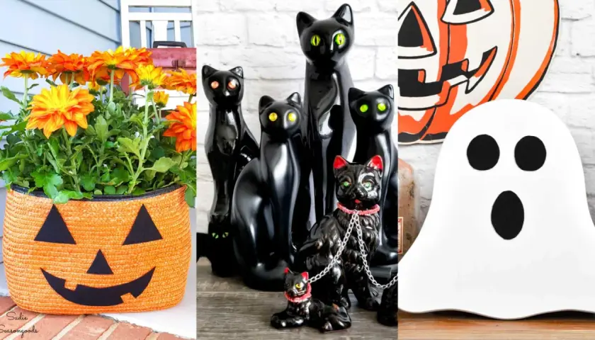 Charming Halloween decorations on the cheap: a jack-o'-lantern planter, a coven of black cats, and a friendly ghost.