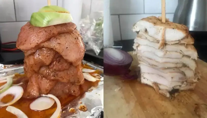Dwa etapy przygotowania: surowy kurczak na szpikulcu z cebulą i gotowy, pokrojony kebab. Idealne, by dowiedzieć się, jak odgrzać kebaba.