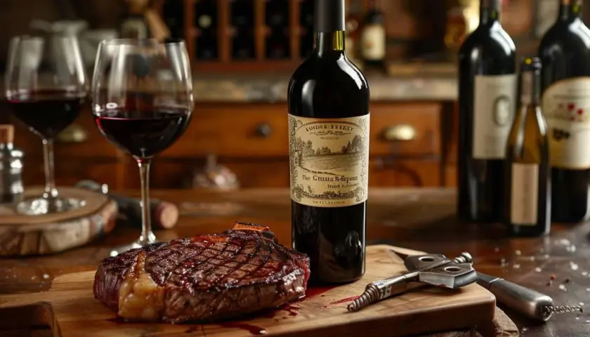 Un succulent roti de boeuf grillé, prêt à être dégusté avec un verre de vin rouge.