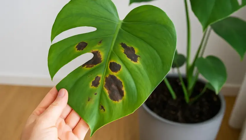 Monstera-Blatt mit unschönen braunen Flecken, die auf Pflegeprobleme hindeuten.