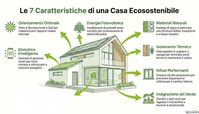 Esempi di casa ecosostenibile: orientamento, fotovoltaico, materiali naturali, domotica, isolamento, infissi performanti e integrazione del verde.
