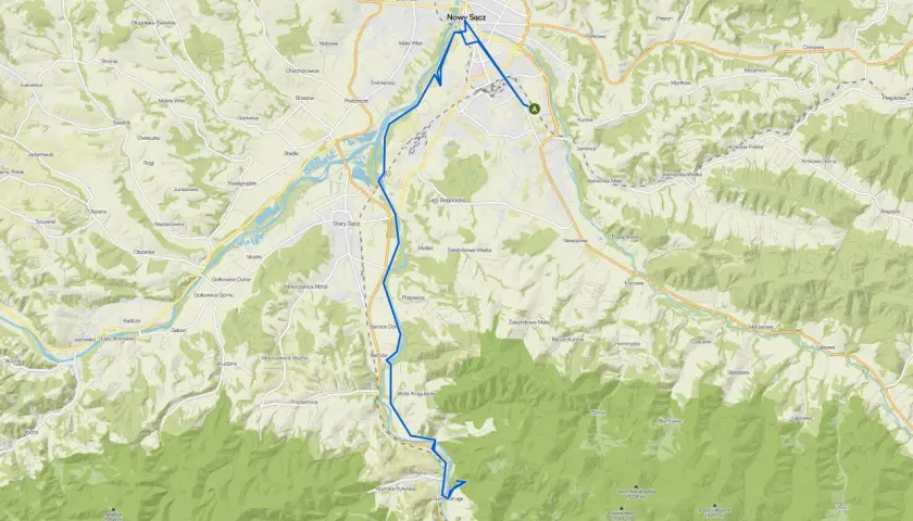 Mapa z zaznaczonymi trasami rowerowymi Nowy Sącz i okolicami, prowadzącymi przez malownicze tereny.