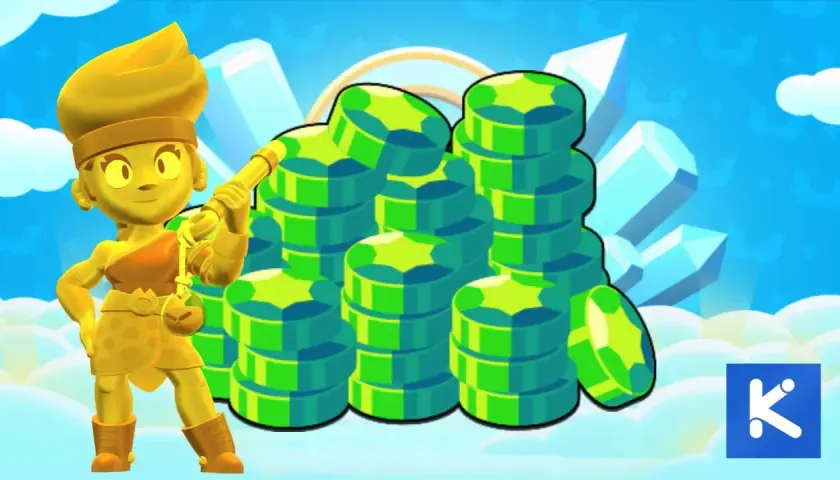 Złota postać z gry Brawl Stars stoi obok stosów zielonych klejnotów. Szukasz kodów QR do Brawl Stars na gemy?